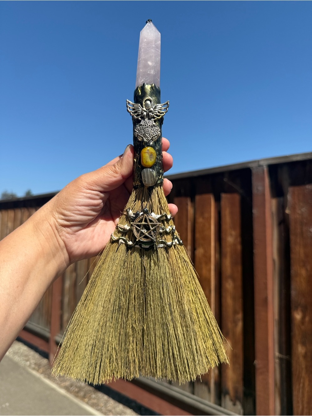 Handmade Rose Quartz & Angel Goddess Pentacle Besom Altar Broom